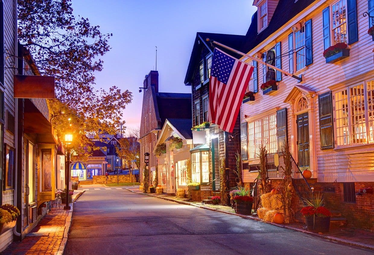 Historic street in Newport, Rhode Island at dusk