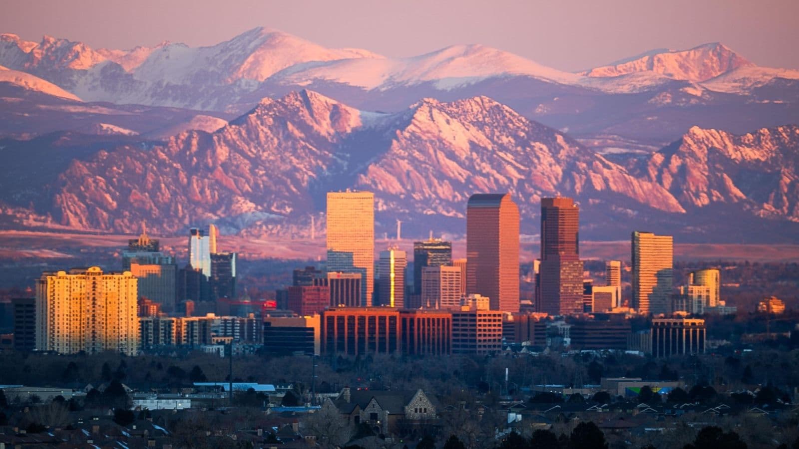 Denver skyline at sunrise with the Front Range