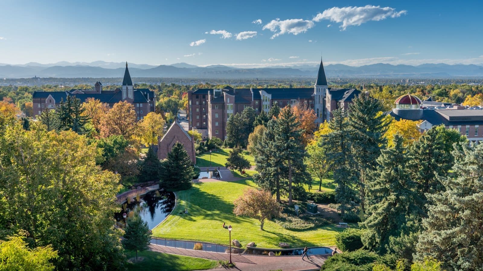University of Denver campus with the Rocky Mountains behind